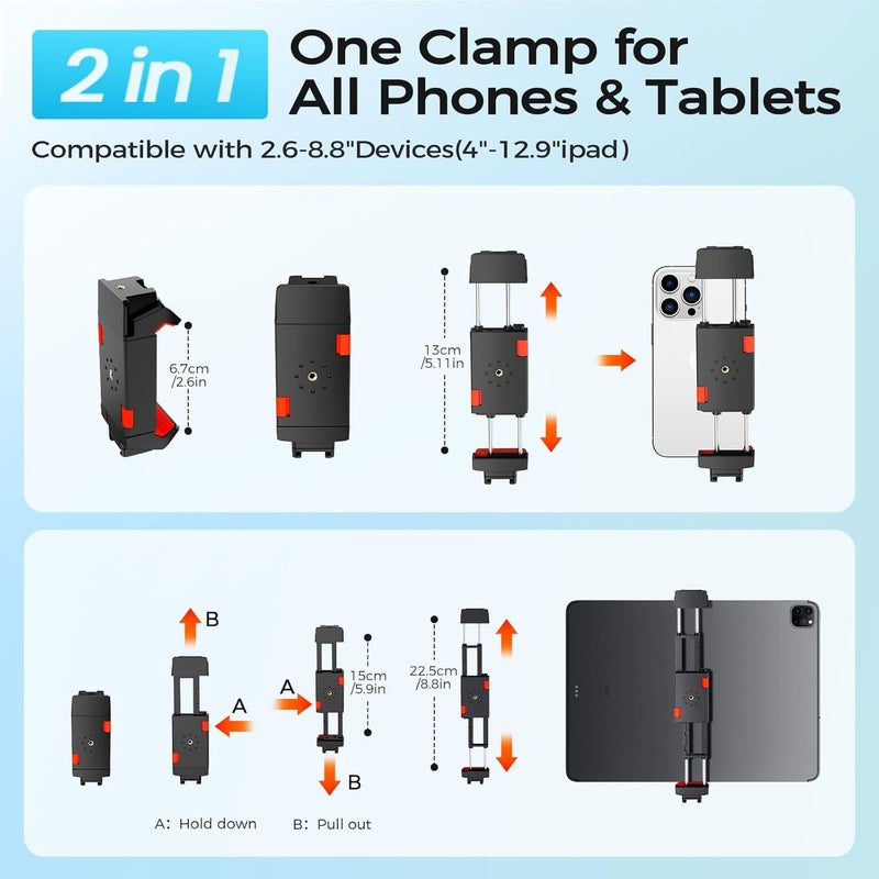 MACTREM 67" Tripod Stand for iPad Phone Tablet Camera with 2 in 1 Mount & Wireless Remote, Aluminum Extendable iPhone Tripod for Video Recording/Selfies/Live Stream/Vlogging (Orange) - Image 2